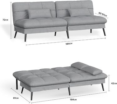 Диван-ліжко COMHOMA з функцією сну розкладний футон кутовий диван 3-місний гостьовий диван з регульованою спинкою із сірої тканини