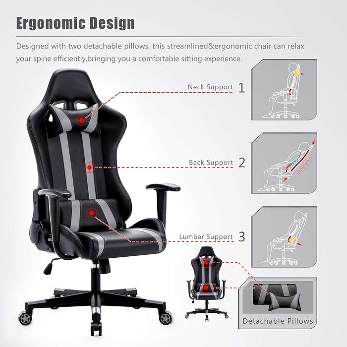 Ігрове крісло Intimate WM Heart, ергономічне поворотне офісне крісло, ігрове крісло з підголівником та поперековою подушкою, гоночне крісло з високою спинкою, регулюванням висоти та функцією гойдання (сіре)