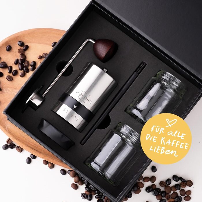 Кавомолка SILBERTHAL Ручна конічна кавомолка - Регульований ступінь помелу - Ручна кавомолка з нержавіючої сталі та скла - Змінне