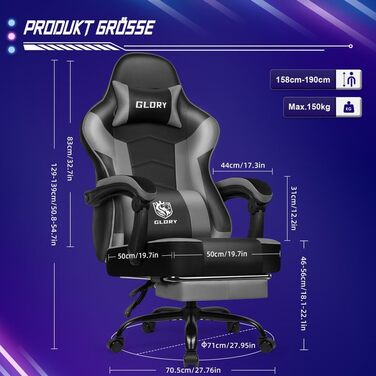 Ергономічне ігрове крісло з підставкою для ніг, ігрове крісло вантажопідйомністю 150 кг, ігрове крісло зі штучної шкіри, безшумні колеса на 360, ігрове крісло для ПК для підлітків та дорослих, сірий/чорний