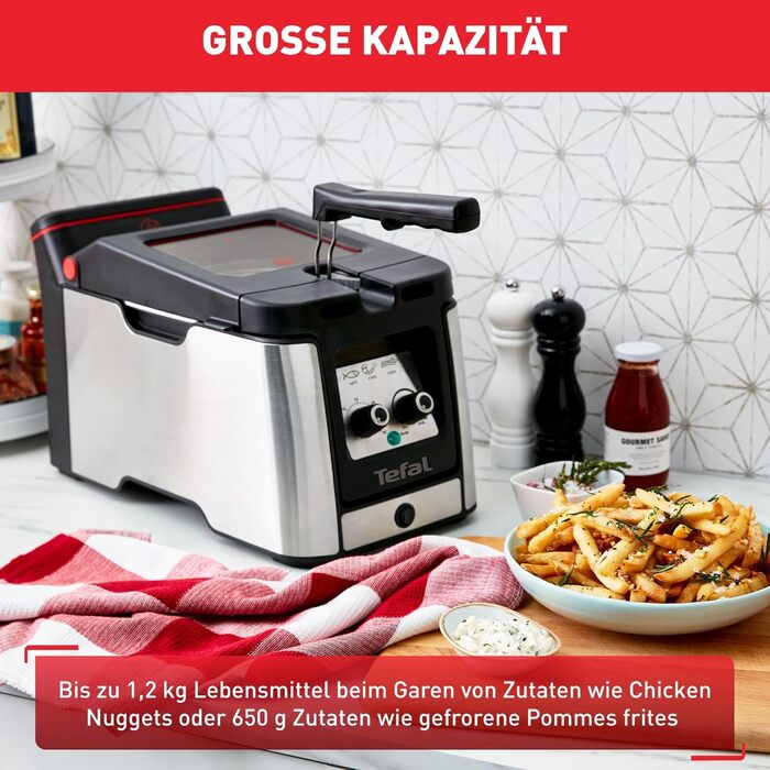 Фритюрниця Tefal FR600D Clear Duo, фритюрниця з меншим вмістом диму та запахів, місткість 1,2 кг, термостат, таймер, велике оглядове вікно без запотівання, можна мити в посудомийній машині, нержавіюча сталь/чорний