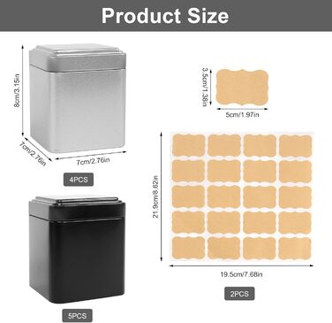 Класична квадратна чайна банка, набір із 9 чайних банок для розсипного чаю, 7 x 7 x 8,5 см, металеві чайні контейнери, набір чайних банок