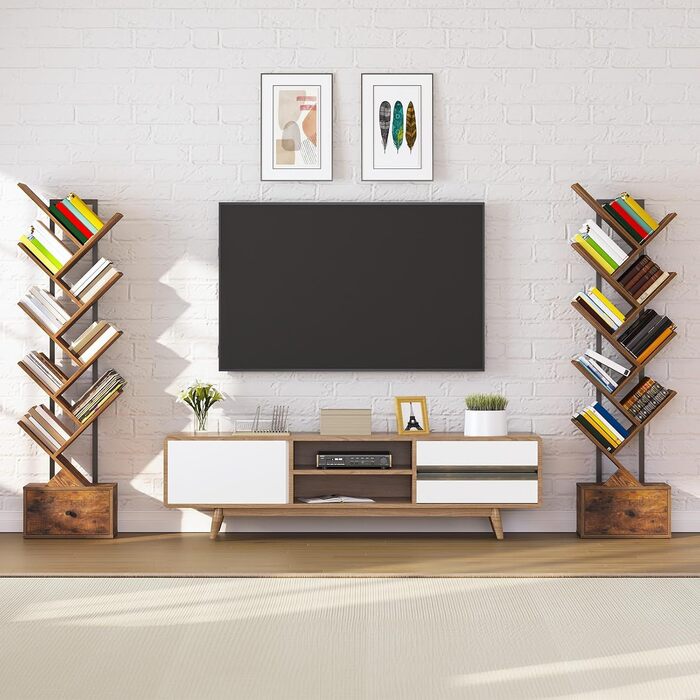 Книжкова полиця HOOBRO з шухлядою, 9-ярусна окремостояча полиця, книжкова полиця у формі дерева, полиця для DVD, окремостояча книжкова вежа, для вітальні, спальні, домашнього офісу, вінтажний коричневий EBF18SJ01G1 вінтажний коричневий чорний