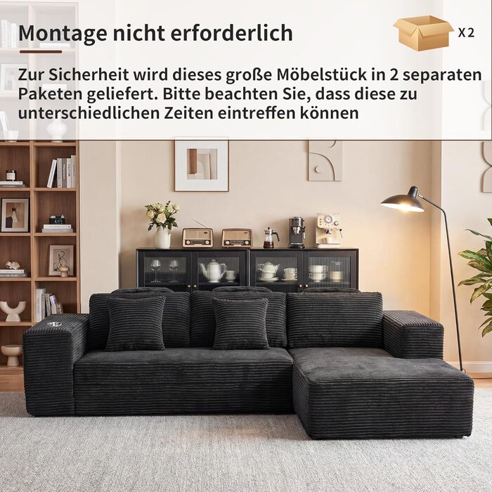 Кутовий диван з 3 подушками для шиї, диван Cloud Boneless з боковим відділенням та підсклянником, вельветовий L-подібний розкладний диван, глибоке сидіння, диван з правим шезлонгом, для вітальні, чорний Нековзка основа