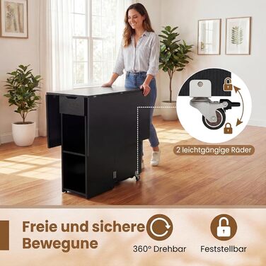 Розкладний обідній стіл COSTWAY, кухонний стіл на колесах, шухляда та 2 полиці, розкладний стіл для 2-4 осіб, обідній стіл для невеликих приміщень, їдальня, кухня, 120 x 72 x 75 см (чорний) чорні колеса з поліуретану