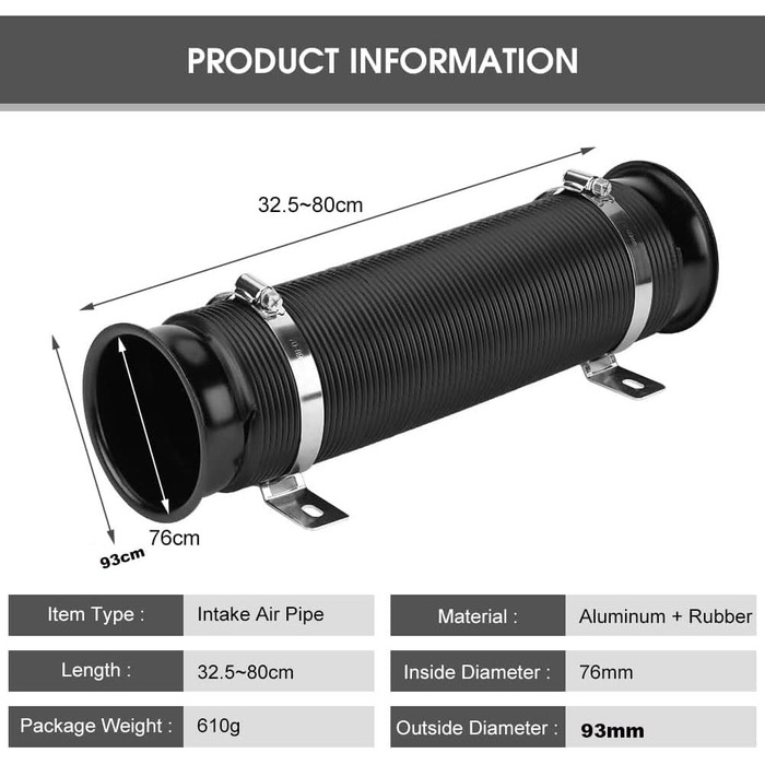 Мм впускна труба автомобіля, універсальний шланг подачі повітря Повітрозабірна труба Гнучкий шланг Шланг для забору холодного повітря, автомобільний спортивний повітряний фільтр з вуглецевого волокна, 76