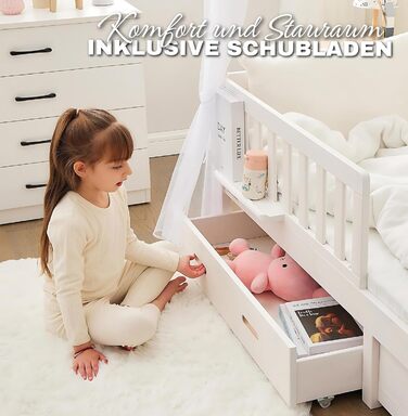 Ліжко для дому 90x200 з шухлядою, матрацом та набором 4-TLG DEKO рожевого кольору, вкл. захист від падіння книжкової полиці та рей