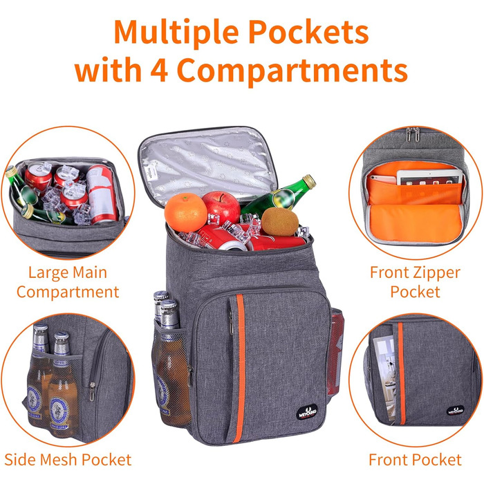 Рюкзак-холодильник 22 л - Велика сумка-холодильник, рюкзак для пікніка, водонепроникний рюкзак, надлегкі рюкзаки для чоловіків та жінок для кемпінгу, барбекю, походів, пікніка, чорно-сірий