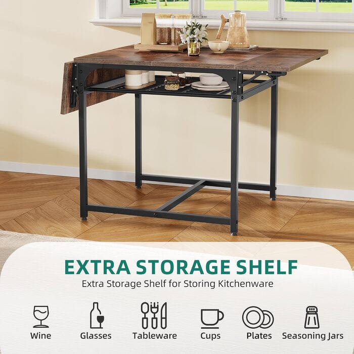 Розкладний обідній стіл YITAHOME, розсувний відкидний стіл з тримачем для зберігання та 4 регульованими ніжками, для 2-6 осіб, 120 x 78 x 75 см, рустикальний коричневий та чорний