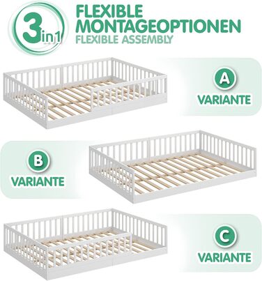 Підлогове ліжко CADANI Timi 2в1 120x200 см Дитяче ліжко Монтессорі зі знімним захистом від випадіння, включаючи ламельну раму, з м