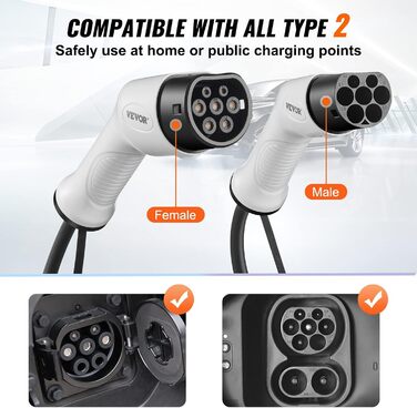 Зарядний кабель VEVOR Type2 для електромобіля/гібрида EV Зарядний кабель Зарядний кабель для електромобіля Wallbox 22 кВт TPU заря