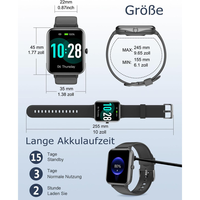 Розумний годинник GRV для чоловіків та жінок з функцією телефону, фітнес-годинник з монітором серцевого ритму, монітором SpO2, монітором сну, крокоміром, водонепроникний за стандартом IP68, багатоспортивні режими, фітнес-трекер для телефонів iOS та Androi