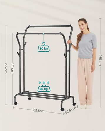 Вішалка для одягу на колесах, 2 шт. анги для одягу, Гардеробна штанга, Вішалка для одягу виготовлена з сталевих труб, Вантажопідйомність до 100 кг, Ширина 103,5 см, Багатофункціональне місце для зберігання, Чорний HSR107B01 Чорний 2 шт. анги