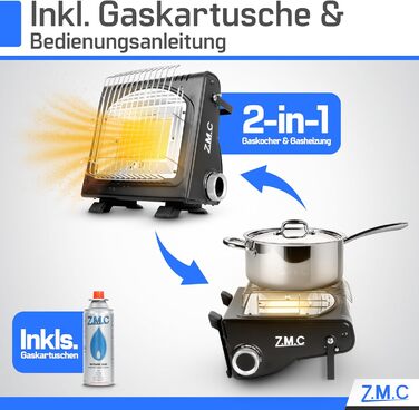Портативний газовий обігрівач та плита ZMC 2-в-1 8 газових картриджів 227 г, кемпінговий обігрівач 1,7 кВт, ідеальне джерело тепла без електрики, газовий обігрівач для використання на вулиці, патіо, мобільний обігрівач з п&39єзорозпалом, газовий обігрівач