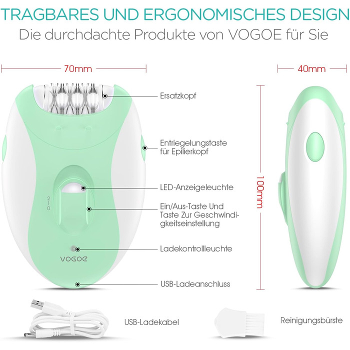 Епілятор VOGOE для жінок для видалення волосся, корпус епілятора 4 в 1, електричний бездротовий, 21 пінцет для обличчя, ніг, рук, бікіні, HR310 зелений