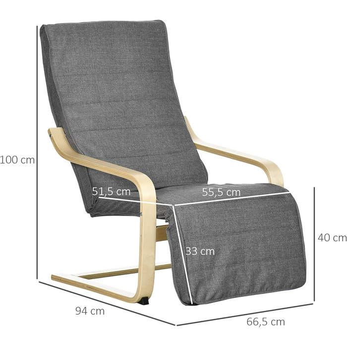 Крісло HOMCOM для вітальні, крісло-реклайнер з підлокітниками з березового дерева, регульована підставка для ніг у 5 положеннях, крісло для читання з лляним виглядом, м&39яке крісло для спальні, сірий колір