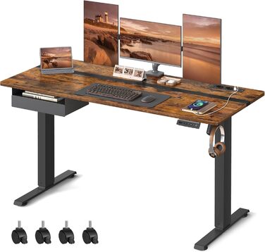 Електричний стіл VASAGLE з регульованою висотою, розеткою та шухлядою, 60 x 140 см, плавне регулювання висоти, функція пам&39яті з 4 висотами, вінтажний коричнево-чорний LSD114X01 140 x 60 см, вінтажний коричневий чорний