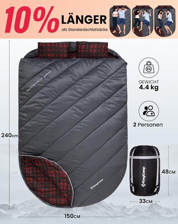 Подвійний спальний мішок KingCamp, бавовняний фланелевий зимовий спальний мішок для 2 осіб, тепла ковдра-спальний мішок, 3-4 сезони з 2 фланелевими подушками для дітей та дорослих, кемпінг, подорожі та активний відпочинок, довгий - сірий