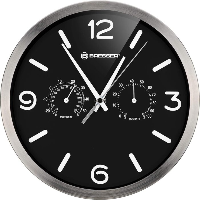 Настінний радіокерований годинник Bresser MyTime ND Thermo-Hygro з безшумним радіокерованим механізмом, рамою з нержавіючої сталі