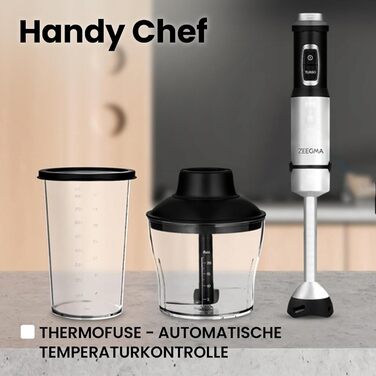 Ручний блендер ZEEGMA Handy Chef 5в1 багатофункціональний 1500 Вт, набір насадок блендер, блендер, віночок, гачок для змішування, кухонний комбайн 0,6 л, контейнер 0,8 л, турборежим, регулювання швидкості