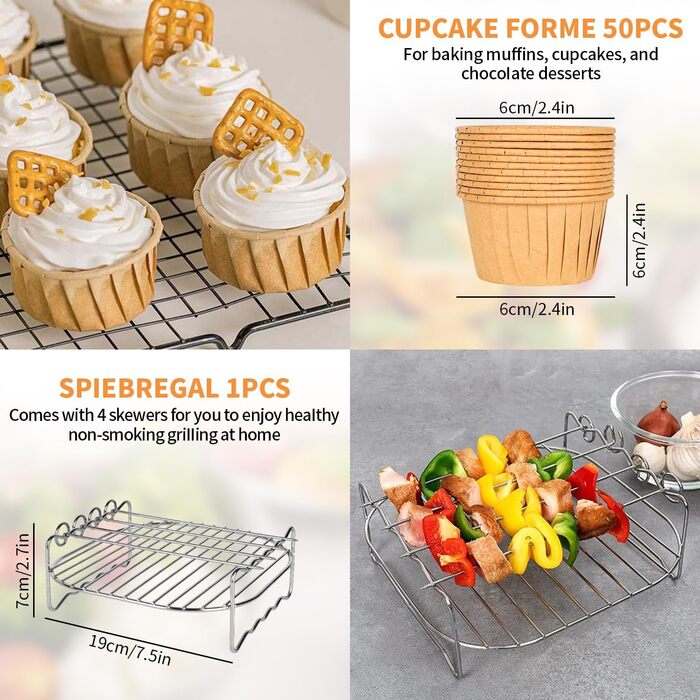 Аксесуари для фритюрниці XL і XXL 8 дюймів із 9 предметів Набір аксесуарів для потовщеної фритюрниці, сумісний із Cosori 4.7L Philips 6.2L