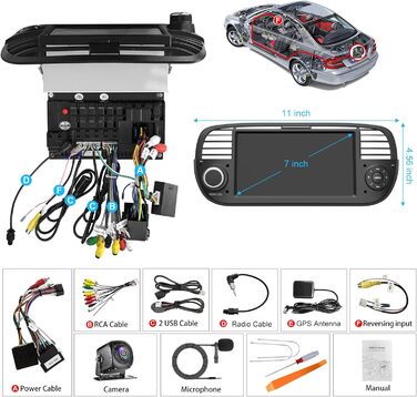 Автомагнітола для Fiat 500 2007-2015 з бездротовим Carplay та головним пристроєм Android Auto, 232 ГБ 7-дюймовий IPS HD сенсорний екран з GPS-навігацією/голосовим керуванням/WiFi/SWC/Bluetooth 5.2/FM/камерою заднього виду, чорний колір