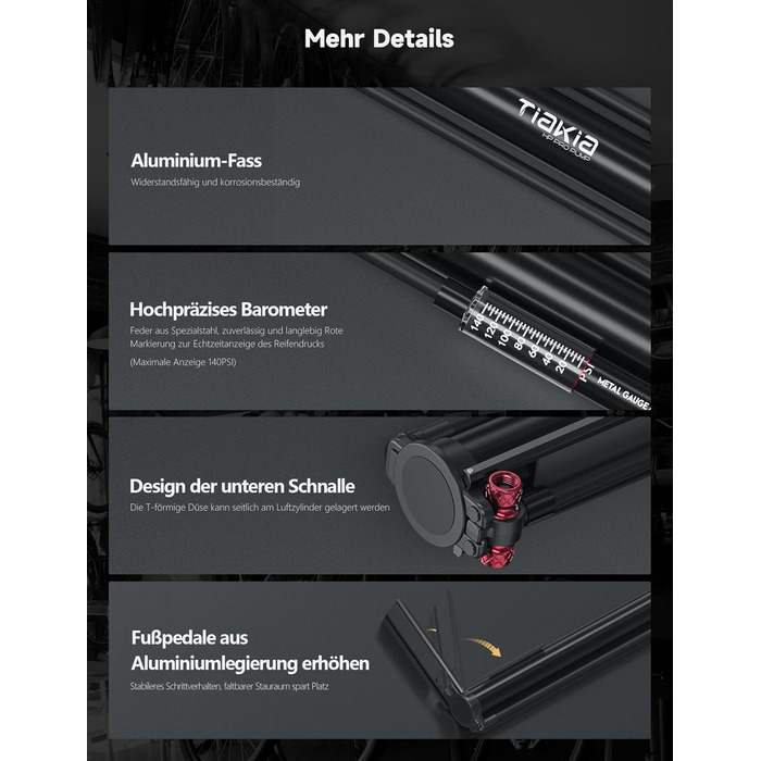 Велосипедний насос Tiakia з манометром, маленький велосипедний насос для всіх типів вентилів, алюмінієвий міні-насос, портативний насос для шин Schrader та Presta, шосейні та гірські велосипеди, 260 PSI/18 бар