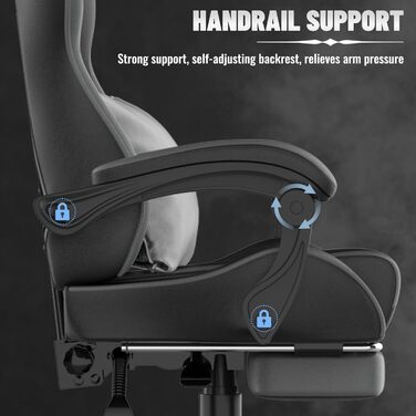 Ергономічне ігрове крісло Soontrans, ігрове крісло з пружинною подушкою, висувна підставка для ніг, підголівник, регульована висота, штучна шкіра, регульована спинка 90-135 (чорний/сірий)