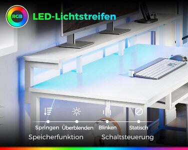 Ігровий стіл Coleshome зі світлодіодним освітленням, 140x48 см, стіл з тканинними шухлядами, комп&39ютерний стіл з 2 розетками та 2 USB-портами, ігровий стіл з підставкою для монітора для домашнього офісу, білий 140x48 см