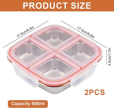 Набір з 2 контейнерів для перекусів з роздільниками, нержавіюча сталь, 17,5x17,5x4,5 см, 600 мл. Контейнер з 4 відділеннями та пластиковою кришкою, штабельовані, для зберігання їжі, сендвічів, для школи, роботи (4 відділення)