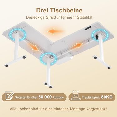 Г-подібний стіл з регульованою висотою, електричним керуванням та 3 налаштуваннями пам&39яті, кутовий стіл 160 x 140 см з органайзером для кабелів та гачками, ергономічний комп&39ютерний стіл, білий, 160 x 140 см