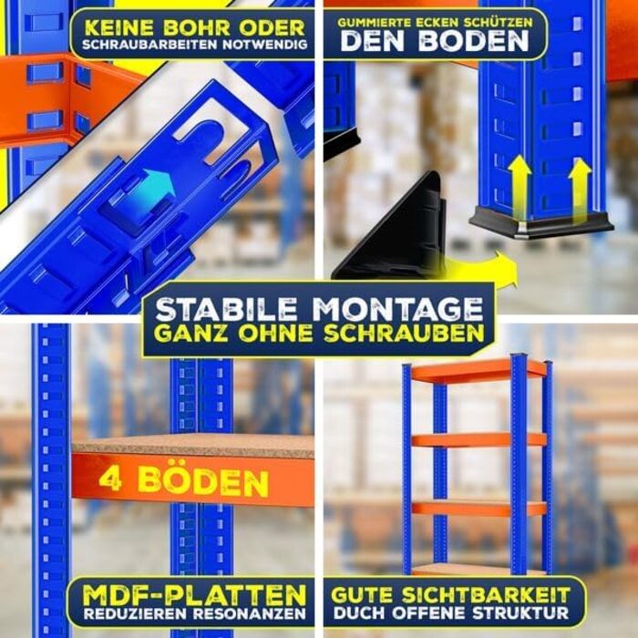 Комплект полиць для зберігання MASKO з 2 предметів, міцні стелажі, підвальні стелажі, 160x90x40 см, вантажопідйомність до 700 кг, 4 регульовані полиці, МДФ-панелі, металевий стелаж, безболтові стелажі, стелажі для майстерні, підвал, гараж, помаранчево-син