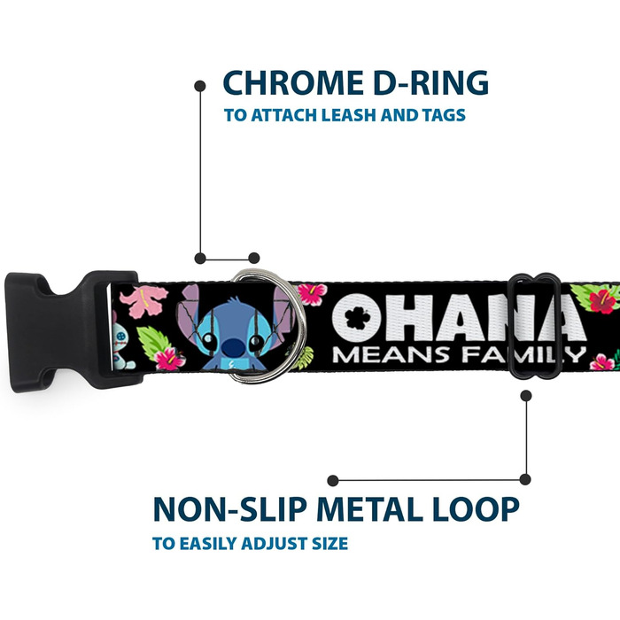 Нашийник Buckle-Down з пластиковою застібкою Охана означає сім'ю / Stitch & Scrump / Тропічні квіти - Чорно-білий / Багатоколірний - Ширина 2,5 см - Для обхвату шиї 38-66 см - Розмір L