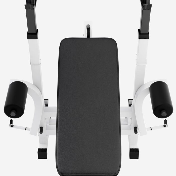 Лава для силових тренувань з обтяженнями - штанга 170 см, комплект штанг 40/70/100 кг, згинання ніг, гантель &quotметелик&quot, станція для віджимань, накладка на згинання рук - тренувальна лава, фітнес-станція, силова станція зі штангою, біла, 70 кг