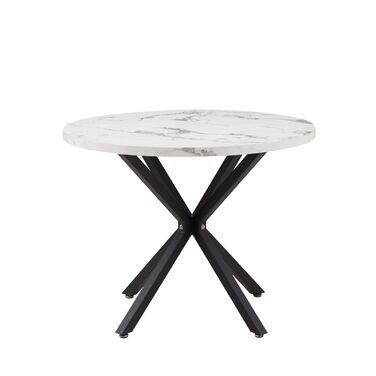 Сучасний круглий обідній стіл з промисловим листовим металом та чорними металевими ніжками - Скандинавський стіл для вітальні або кухні, 4-6 осіб, 100 см - Мармурова структура білийчорний