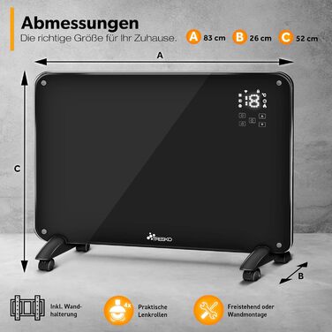 Конвекторний обігрівач TRESKO зі скляним додатком 2000 Вт, WiFi Електричний обігрівач з пультом дистанційного керування Конвекторний радіатор із сенсорним РК-дисплеєм Електричний радіатор, окремостоячий або настінний, чорний