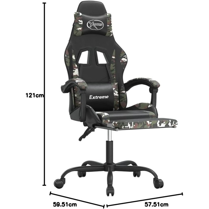 Геймерське крісло, чорний камуфляж, з підставкою для ніг, ергономічне обертове крісло, 57,5 x 59,5 x 121-131 см, штучна шкіра, газова пружина, функція нахилу до 135, для офісу, вітальні, ігрової кімнати, 57,5 x 59,5 x (121-131) см (Ш x Г x В), зелене