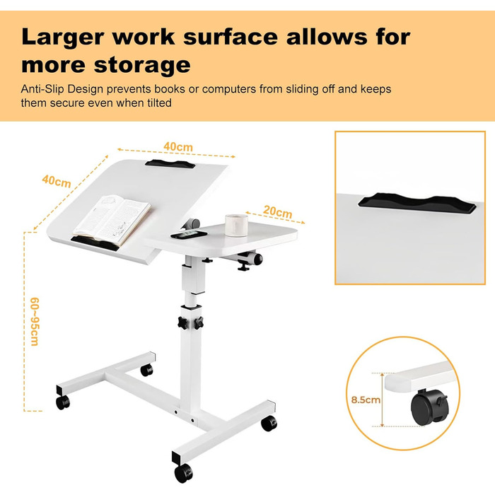 Мобільний столик для ліжка на колесах, регульована висота бічного столика 60-90 см та кут нахилу, столик для догляду за ліжком, столик для ноутбука, столик для дивана на колесах, столик для стояння зі звукоізоляцією (білий)