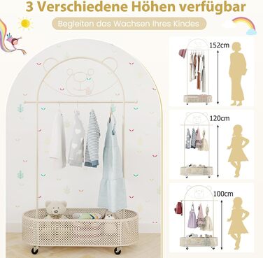 Вішалка для дитячого одягу GOPLUS, дитяча вішалка для одягу з вішалкою та полицею, дитяча вішалка для одягу з 3-ма регульованими в