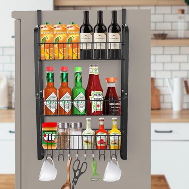 Полиця для холодильника з вуглецевої сталі, 3-секційна полиця для спецій (не потребує свердління), підвісна полиця з 8 гачками, підвісна кухонна полиця, органайзер для спецій з клейкими смужками