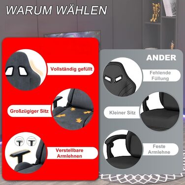 Ігрове крісло, Дихаюче ергономічне офісне крісло з високоякісної тканини, М&39яке, як хутро, Крісло для ПК, Регульоване та поворотне робоче крісло з підставкою для ніг, Сірий