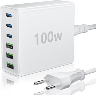 Зарядний пристрій FINIBO USB C Multiple 6-портовий швидкий зарядний пристрій потужністю 100 Вт з USB-C та USB-A, портативний насті