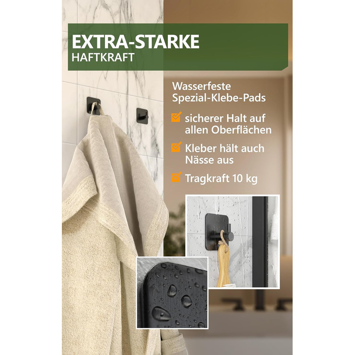 Рушникосушка 4smile без свердління, комплект з 6 шт. - Чорні гачки для рушників у ванній кімнаті як практичні клейкі гачки - Висок