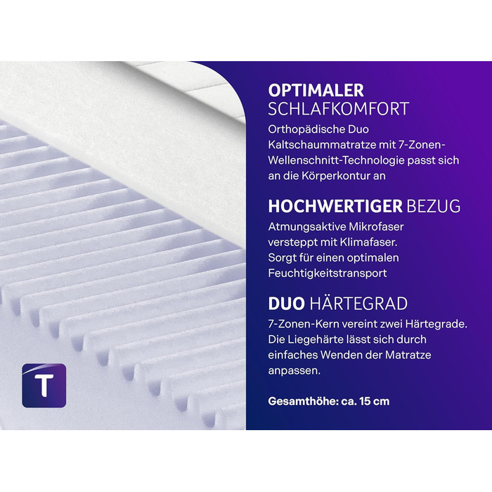 В 1 Duo - ортопедичний 7-зонний матрац з холодної піни, рівні жорсткості 2 та 3, сертифікований Oeko-Tex, 90 x 200 см, висота 15 см, виготовлений за німецькими стандартами якості, 2