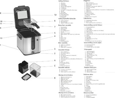 Міні-фритюрниця з жиром/олією, міні-фритюрниця з картоплерізкою, 1000 Вт, знімний контейнер для олії, для хрусткої картоплі фрі, матова нержавіюча сталь матова