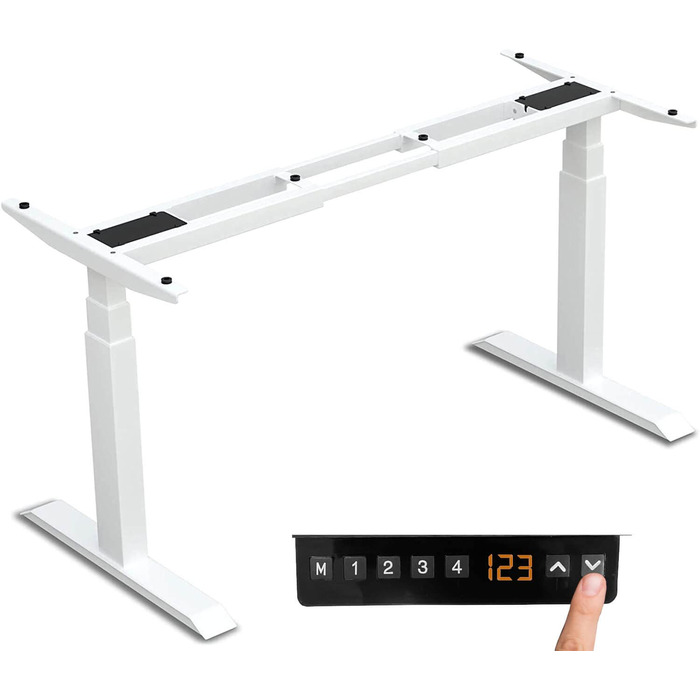 Стіл з регульованою висотою (610x1250 см) - Стіл для роботи сидячи/стоячи з портами зарядки - Каркас столу з електричним регулюванням висоти та сталевими ніжками - Стіл з регульованою висотою, білий 610-1250 мм 2 ніжки білий