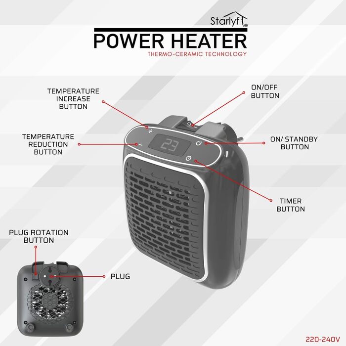 Електричний настінний вентилятор-обігрівач потужністю 800 Вт з термокерамічною технологією Цифровий термостат, 12-годинний таймер, поворотна вилка на 270, тихий та безпечний