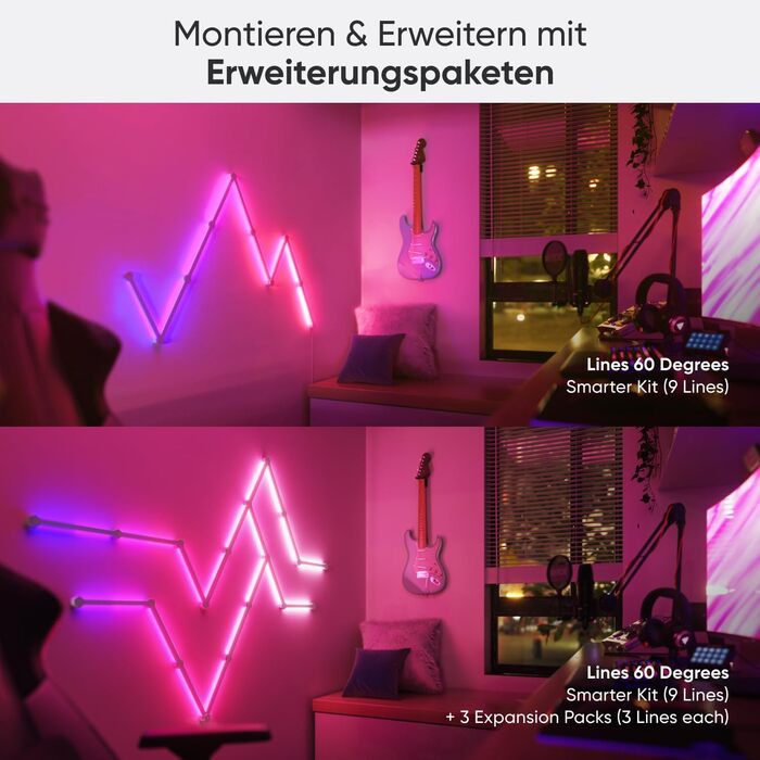 60 Degree Starter Kit, 15 Smart LED RGBW Light Strips - Modular WiFi 16 Million Colours Wall Light Indoor, Music & Screen Sync, Works with Alexa Google Apple, for Decoration and Gaming, 60 Degree Starter Kit, 15 Smart LED RGBW Light Strips - Modular WiFi 