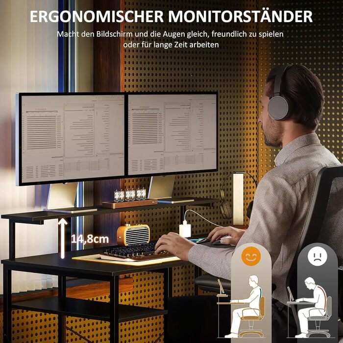 Кутовий письмовий стіл L-подібної форми 137x140 см чорного кольору, комп&39ютерний стіл з USB-роз&39ємом, підставкою для монітора та 6 полицями, металевий офісний стіл з полицею, стійкий та компактний робочий стіл для домашнього офісу (стиль 1), 0I&I0I