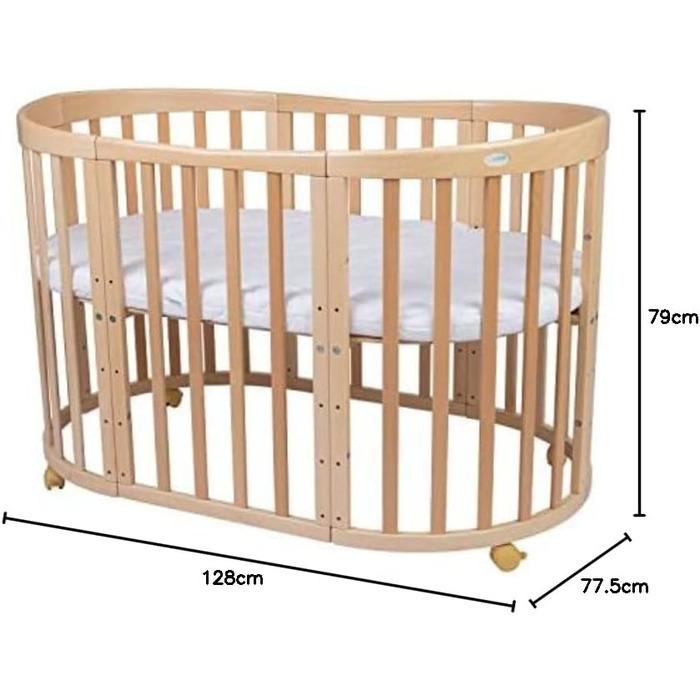 Дитяче ліжко Waldin Oval, комплект трансформованого 7-в-1, ліжечко, дитяче ліжечко з матрацом, пеленальний столик, приліжкове ліжечко, натуральне дерево, комплект тканини не входить до комплекту
